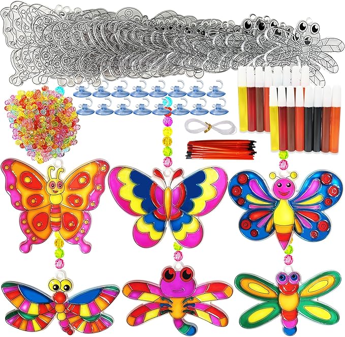 Ayhuhra 30 Sets Butterfly Suncatchers Crafts Kit Dragonfly Suncatcher DIY Window Paint Art Suncatcher Kits for Classroom Spring Summer Easter Party Activities Art Project Party Favors