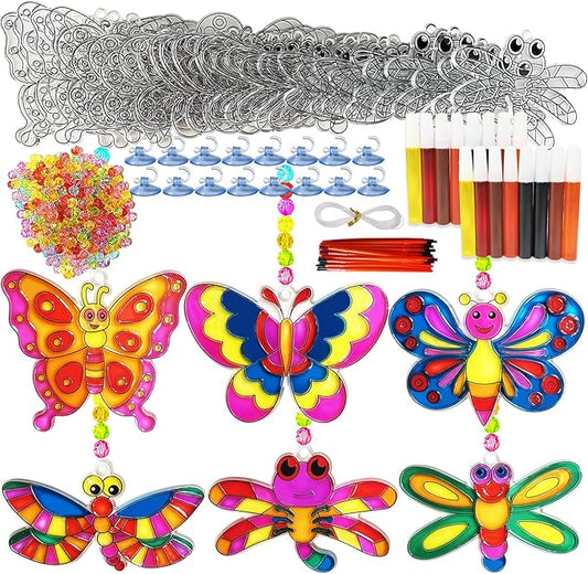 Ayhuhra 30 Sets Butterfly Suncatchers Crafts Kit Dragonfly Suncatcher DIY Window Paint Art Suncatcher Kits for Classroom Spring Summer Easter Party Activities Art Project Party Favors