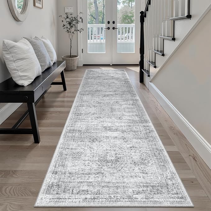 Soalmost Runner Rug 2x7 Washable Non-Slip Hallway Rugs for Kitchen Grey | Low-Pile Vintage Runners for Bathroom Laundry Room, Foldable Floor Carpet Mat for Entryway Corridor Bedroom