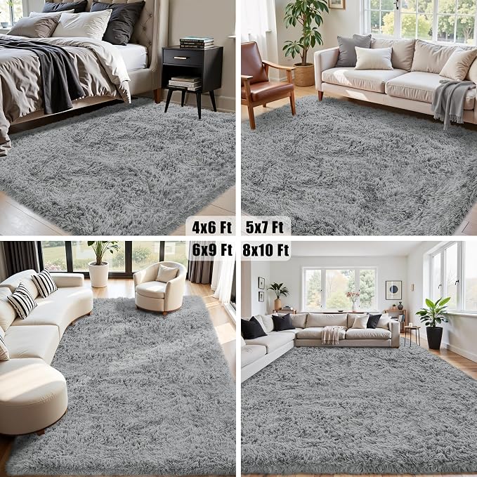 4x6 Area Rug for Living Room:Ultra Soft Fluffy Shag Light Grey Rugs,Large Fuzzy Plush Indoor Non Slip Carpet Washable Rug for Bedroom Kids Nursery Office Dorm Modern Decor(Light Grey 4'x6')