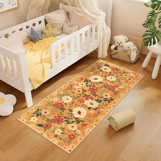 DUKINO 2x5 Runner Rug, Floral Washable Rug for Kitchen Non Slip, Orange | Low Pile, Soft, Stain Resistant Indoor Rug Runner for Entryway, Hallway, Bedroom, Bathroom, Laundry, Pet Friendly, Home Decor