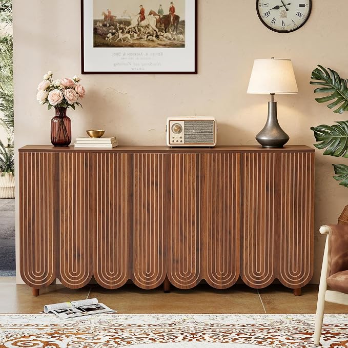 weselon Buffet Cabinet Set of 2, Arched 4-Door Sideboard with Adjustable Shelves, Push-to-Open & Soft-Close Hinges, Solid Wood Legs Storage Cabinet for Coffee Bar TV Console (Walnut)