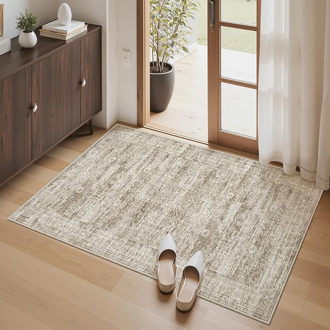 Soalmost 3x4 Rugs Non-Slip, Small Washable Kitchen Entryway Area Rug Brown | Vintage Low Pile Carpet for Nursery Coffee Table Bathroom, Foldable Stain Resistant Indoor Door Mat Entrance Powder Room