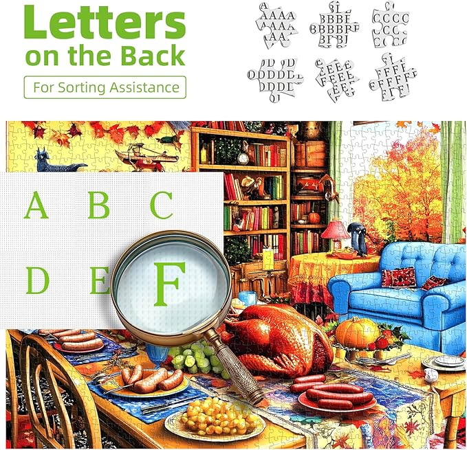 500 Pieces Thanksgiving Dinner Puzzle for Adults Autumn Living Room Scene with Roast Turkey & Fall Thanksgiving Table Decorations Cozy Holiday Family Game Gift - 23x15 Inch
