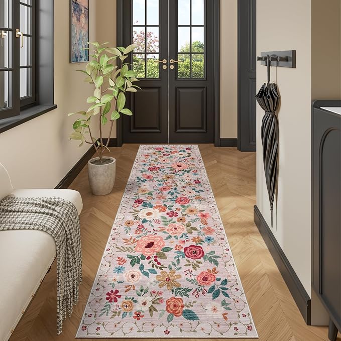DUKINO 2.6x12 Kitchen Runner Rug, Floral Non Slip Long Washable Rug, Beige | Low Pile, Stain Resistant, Soft Indoor Rug Runner for Hallway, Entryway, Bedroom, Bathroom, Laundry, Pet Friendly, Home Decor
