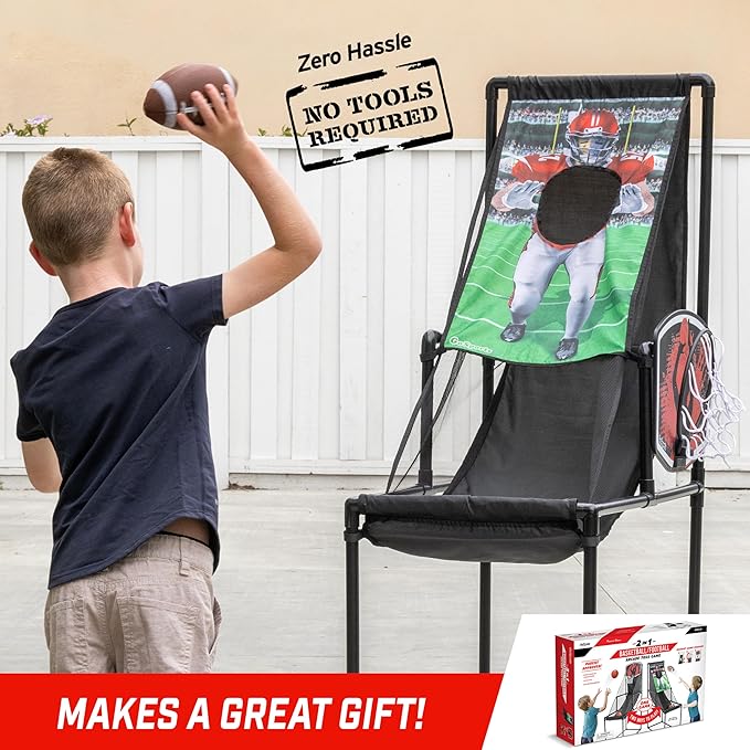GoSports 2 in 1 Basketball & Football Toss Arcade Game - Indoor & Outdoor Toy Hoop for Kids Ages 3-8