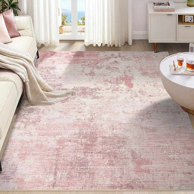 UERMEI 10x12 Area Rug Living Room Rugs - Washable Neutral Modern Abstract Soft Thin Large Rug Indoor Floor No Slip Rug Carpet for Bedroom Under Dining Table Home Office Decor - Pink