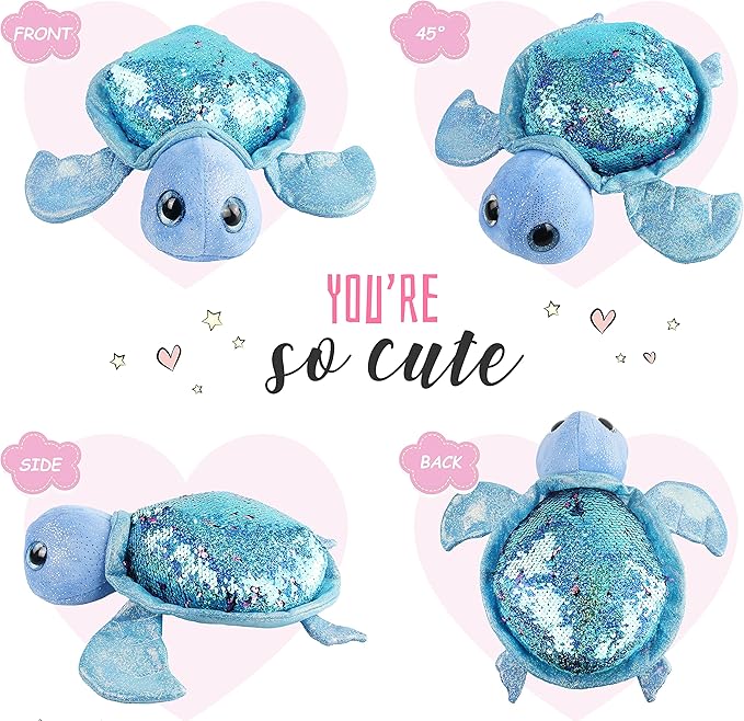 Athoinsu Reversible Sequins Stuffed Animal Sea Turtle Sparkly Soft Plush Toy Ocean Life Tortoise Throw Pillow Birthday Valentine's Day Plushie Gifts for Toddler Kids Boys and Girls, 12'' (Blue)