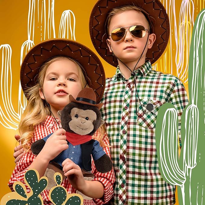 DolliBu Monkey Stuffed Animal Cowboy Plush with Name Personalization - Western-Themed Monkey Plush with Cute Cowboy Costume Denim Shirt Vest, Bandana, Leather Pants, and Hat - 9 Inches