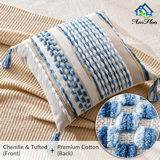 Chenille Striped Textured Boho Throw Pillow Covers Aesthetic with Tassels Woven Decorative Pillow Case for Couch Bed Sofa Bedroom Modern Funky 18 x 18-Inch Sky Blue