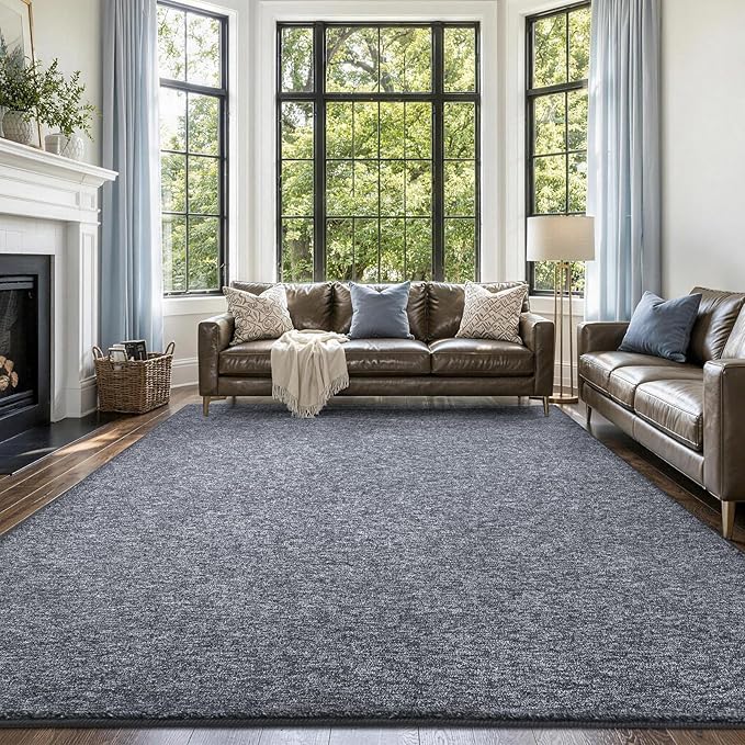 FinRèc 7x10 Washable Area Rugs for Bedroom Living Room, Low Pile Thin Rug Solid Color, Non-Slip Carpet Indoor for Home Decor (Grey Blue/White)
