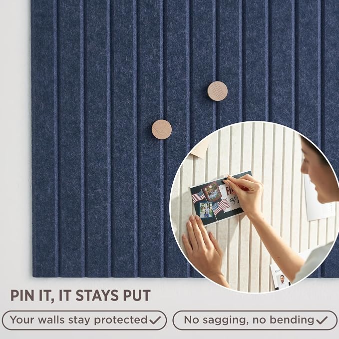 Felt Bulletin Board Tiles 48"x36" - 12-Pack Cork Board Alternative, OEKO-TEX Certified, NRC 0.95 Acoustic Felt Wall Panels, Damage-Free Adhesive, Slatted Design Home Office, Classroom (Indigo)