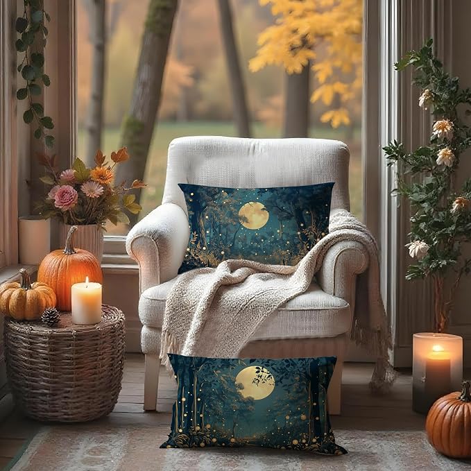 Rustic William Morris Style Night Moon Forest Decor Pillow Covers 20x12 Set of 2,Vintage Black and Gold Landscape Nature Botanical Decorative Throw Pillow Covers for Home Bedroom Living Room