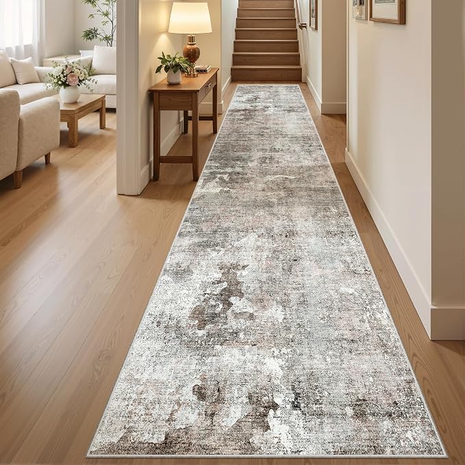 Soalmost Abstract Runner Rug 2x12 Hallway Kitchen Runners Pink/Grey | Vintage Washable Rugs for Bathroom Laundry Room, Low Pile Stain Resistant Floor Carpet Mat Entryway Corridor Bedroom