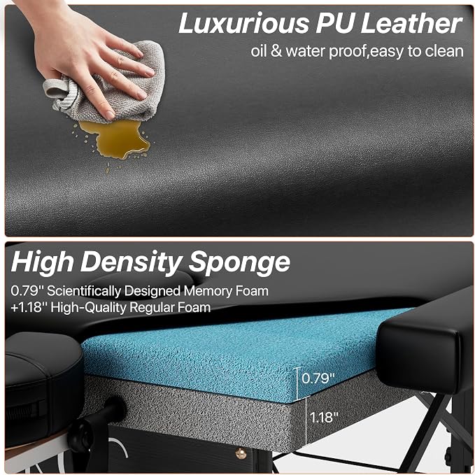 KCC Memory Foam Massage Table Premium Portable Foldable Massage Bed Height Adjustable, 84 Inches Long 28 Inchs Wide Home Salon Spa Bed Tattoo Table with Accessories &Carrying Case, Easy Set Up