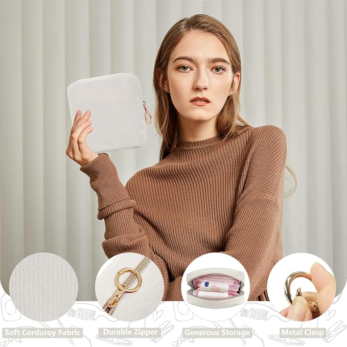 Period Bag for Girls, Corduroy Period Kit with Sanitary Pad Pouch, Menstrual Storage Bag and Tampon Holder for Purse, Girls School Essentials,Feminine Care Organizer(Beige)