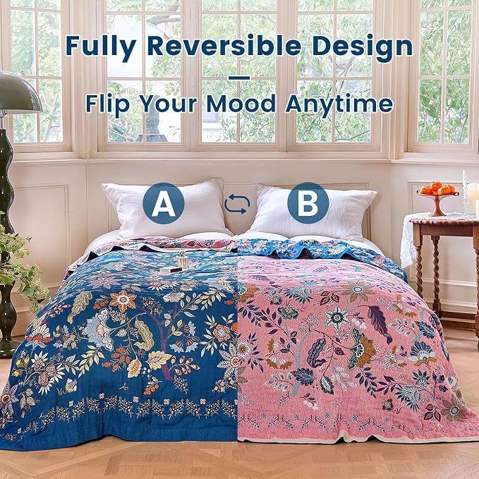 MSGKV Boho Throw Blanket 50"x60" Summer Cotton Blue Floral Throw for Couch | Muslin Throw, Blue Floral Pattern, Reversible Woven, Lightweight Comfort, Farmhouse Decor, All Seasons, Machine Washable