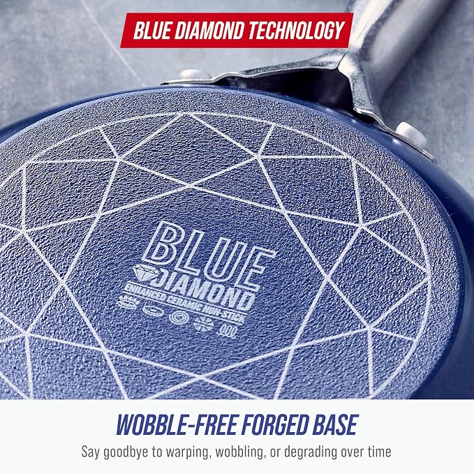 Blue Diamond 5QT Diamond Infused Ceramic Nonstick Sauté Pan with Lid, Blue | PFAS-Free Ceramic Nonstick Jumbo Cooker Skillet, Dishwasher & Oven Safe, Durable Metal Utensil Safe, Soups, Glass Lid