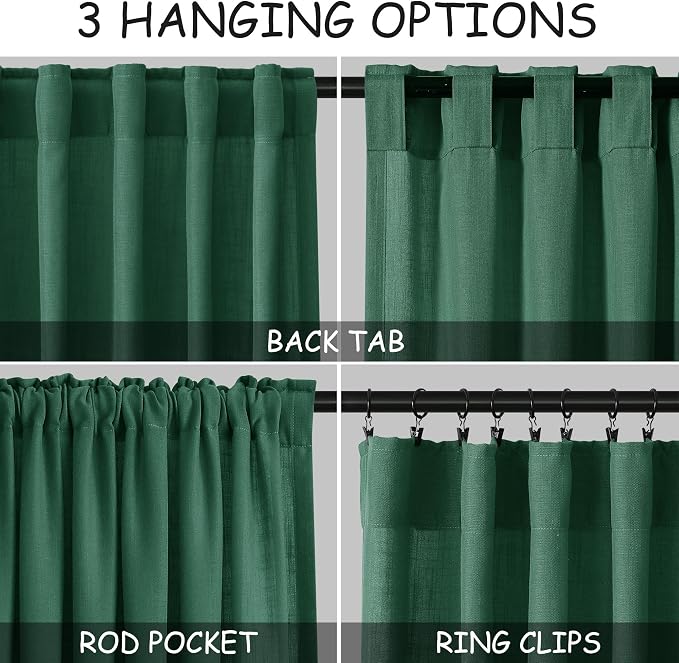 Dark Green Linen Curtains 90 Inch Long 2 Panels Set for Bedroom Living Room Emerald Green Linen Textured Window Drapes Semi Sheer Light Filtering Rod Pocket Back Tab Farmhouse Curtain 52x90