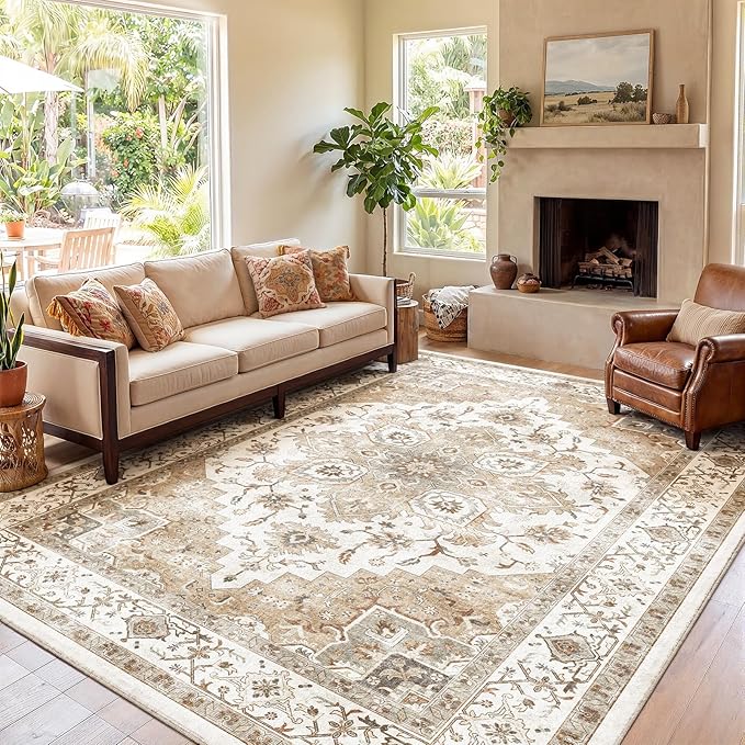 AMADA HOMEFURNISHING 9x12 Area Rugs, Low-Profile Large Washable Area Rug with Non-Slip Backing & Durable Edge Binding, Vintage Rugs for Living Room, Bedroom & Dinning Room