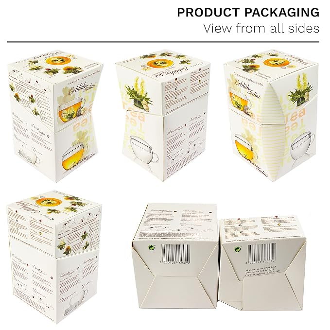 Creano Tea Gift Set Blooming Tea in Cup Size - 8 pcs Flowering White Tea with Glass Tea Cup - 7oz (200ml)