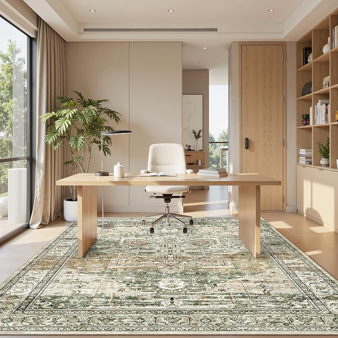 Soalmost 5x7 Area Rug Low Pile Washable Trendy Faded Style Rug, Olive Beige | Vintage Non-Slip Indoor Accent for Bedroom Dining, Foldable Stain Resistant Floor Carpet Mat Under Table Home Office Decor