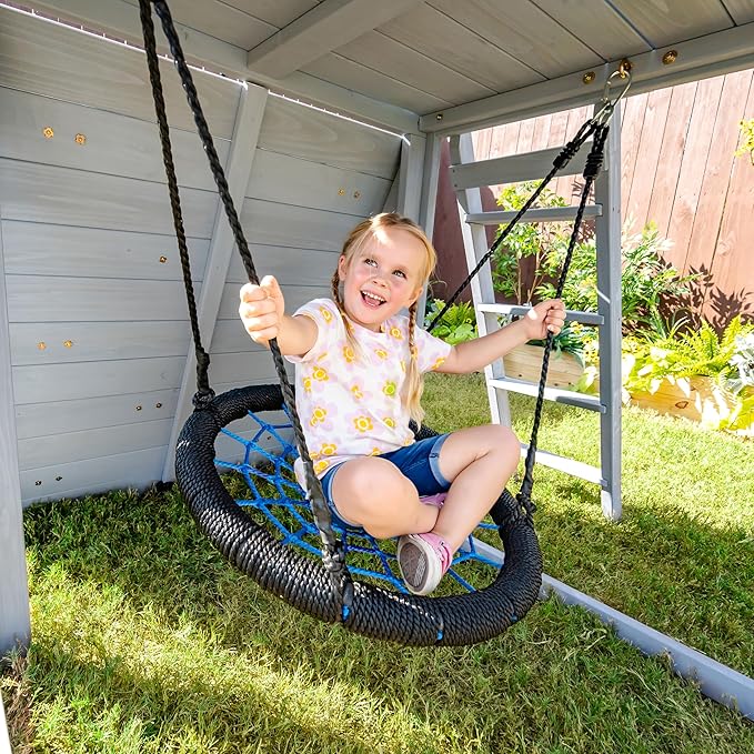 Teamson Kids Laguna Outdoor Wooden Swing Set with Slide, Rock Climbing Wall, Fireman Pole & Trapeze Bar, Gray & Aqua, Backyard Playset for Toddlers and Kids Ages 3–10