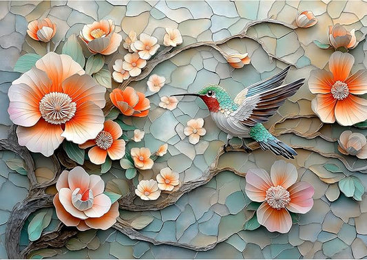 Puzzles for Adults 1000 Pieces, Flower Mosaic Jigsaw Puzzles - Hummingbird in Blossom, Piece Relax Puzzles for Family