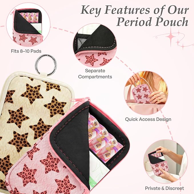 KJQJLY 2 Pack Portable Tampon Organizer Bag Tampon Holder & Storage Case with Zipper for Travel, Discreet Period Bag for Purse, Waterproof Feminine Products Pouch for Women (Star)