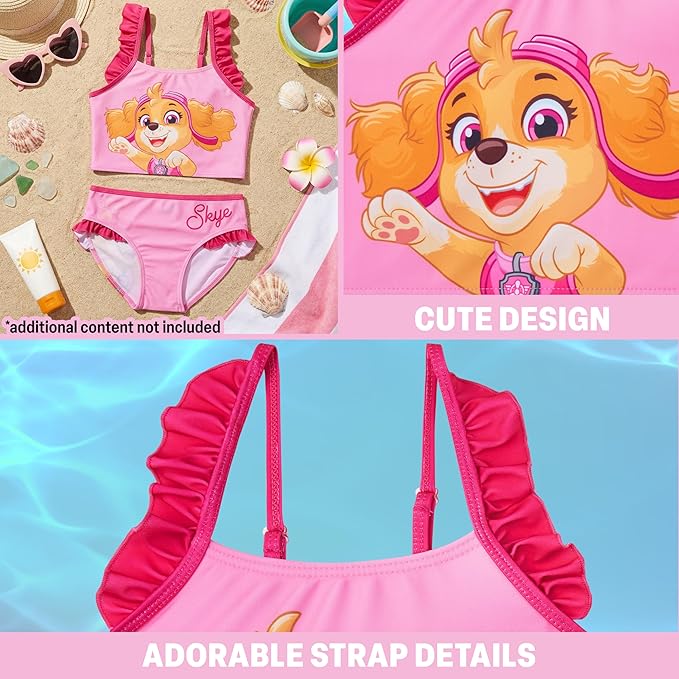 Paw Patrol | Hello Kitty | Peppa Pig Girls Swimsuit, Two Piece Bikini Top & Bottom Set, Bathing Suits with Adjustable Straps