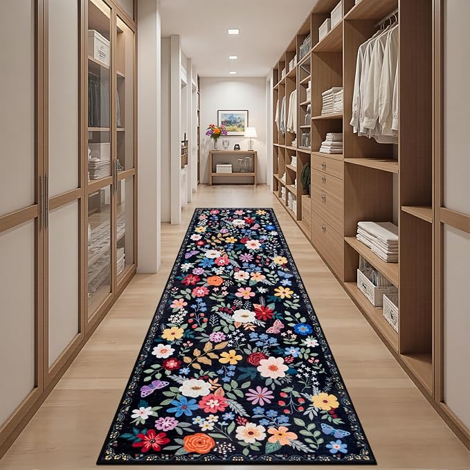 Runner Rug for Entryway: 2.6x10 Kitchen Rugs Non Slip Washable Ultra-Thin Soft Floral Carpet Indoor Floor Stain Resistant Carpets for Hallway Bedroom Kitchen Laundry Bathroom Dorm Black