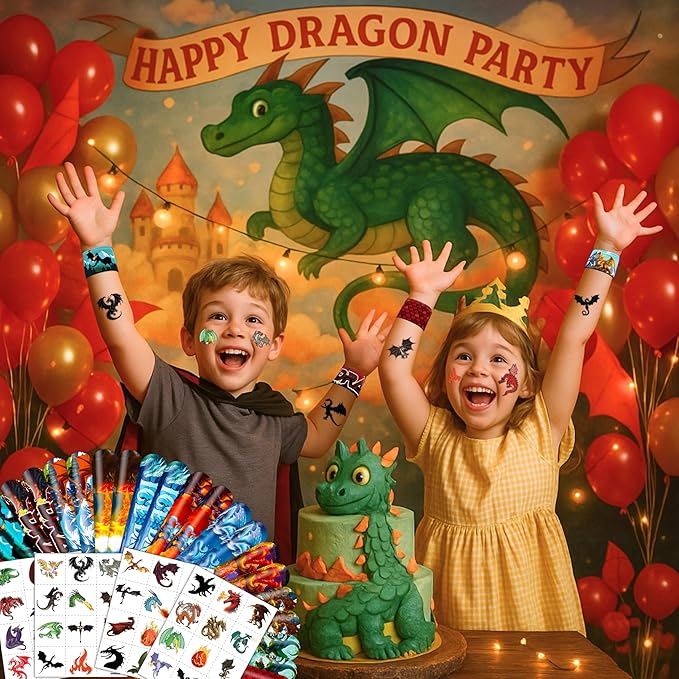 72PCS Dragon Party Set – 48PCS Temporary Pre - cut Tattoos & 24PCS Slap Bracelets – Fun Fantasy - Themed Birthday Supplies, Baby Shower Gifts, Classroom Rewards & Party Decor for Kids (Boys & Girls)