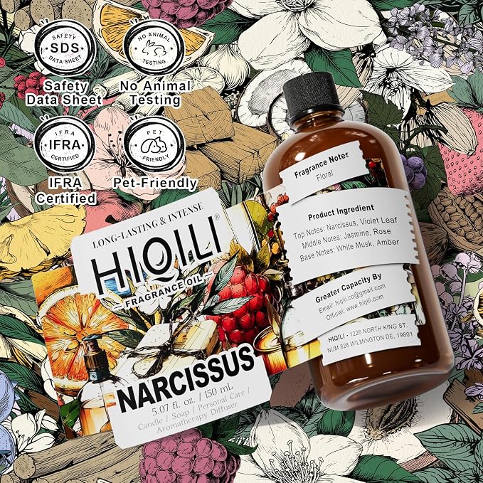 HIQILI Narcissus Fragrance Oil for Diffuser, Candle & Soap | Highly Concentrated for DIY & Perfume Making, Fresh Floral Aroma Fills Any Space, Long-Lasting Scented - 5.07 fl oz