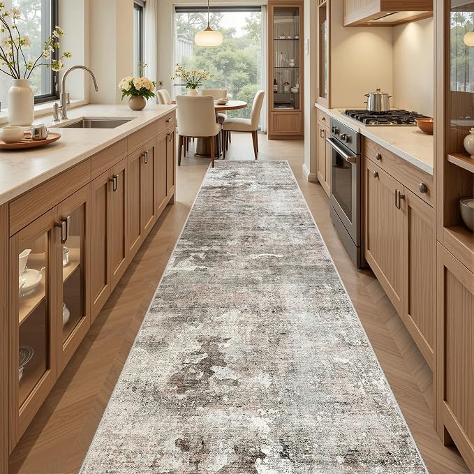 Soalmost Abstract Runner Rug 2x12 Hallway Kitchen Runners Pink/Grey | Vintage Washable Rugs for Bathroom Laundry Room, Low Pile Stain Resistant Floor Carpet Mat Entryway Corridor Bedroom