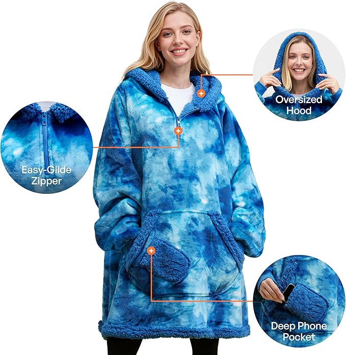 Giggling Getup Wearable Blanket Hoodie for Adults Gifts for Teen Girls Sister Women Sherpa Fleece Printed Hooded Blanket Sweatshirt Warm Cozy with Pocket & Sleeves Dark Blue Tie Dye