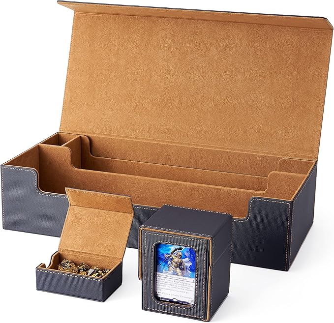 Venssu MTG Deck Box Holds 5 Display Card Deck Boxes with Playmat and Dice Box,Includes 10 colorful dividers and 1 card supporter, Trading Card Storage Box For Magic Game Cards(Black and Brown)