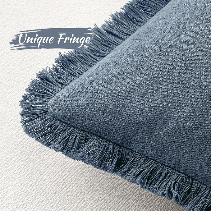 MIULEE Linen Fringe Decorative Lumbar Throw Pillow Covers Blue Ashes 12x20 | Set of 2, Cottagecore Decor, Boho Farmhouse Coastal Pillow Covers, Rustic Couch Cushion Cases for Sofa Bed Living Room
