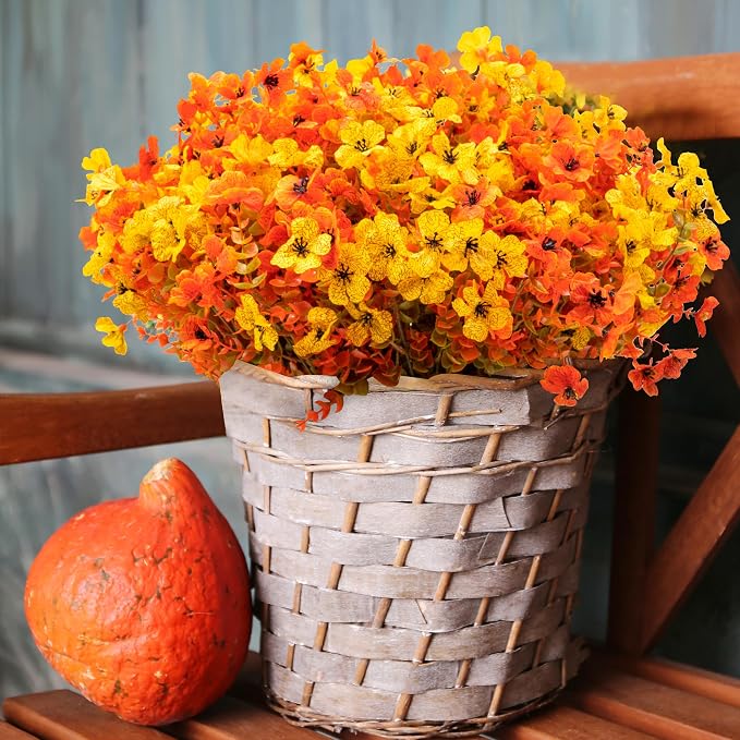 ColoPlay 16 Bundles Artificial Mums for Outdoors, Fake Flowers Fall Decor | Faux Mums for Outdoor Planters, Eucalyptus Leaves UV Resistant Fake Plants for Home Porch Box Wedding Farmhouse(Fall Orange)