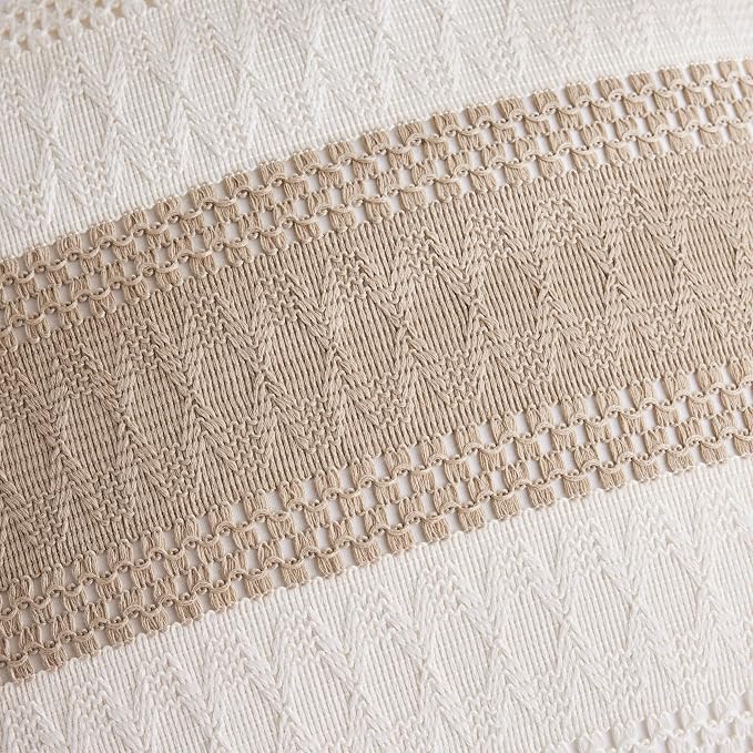 2pk Boho Pillow Covers 20x20, Natural White/Contrast/Taupe | 100% Organic Cotton Body, Stripe Embroidery, Farmhouse Decorative Cushion Covers for Sofa Bed Living Room Home Decor