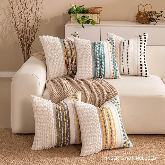Fall Boho Chenille Tufted Couch Throw Pillow Covers 18x18 Inch Set of 2 Farmhouse Striped Decorative Pillow Covers Accent Neutral Pillowcase Yellow Teal Cushion Cover for Living Room Sofa Bed