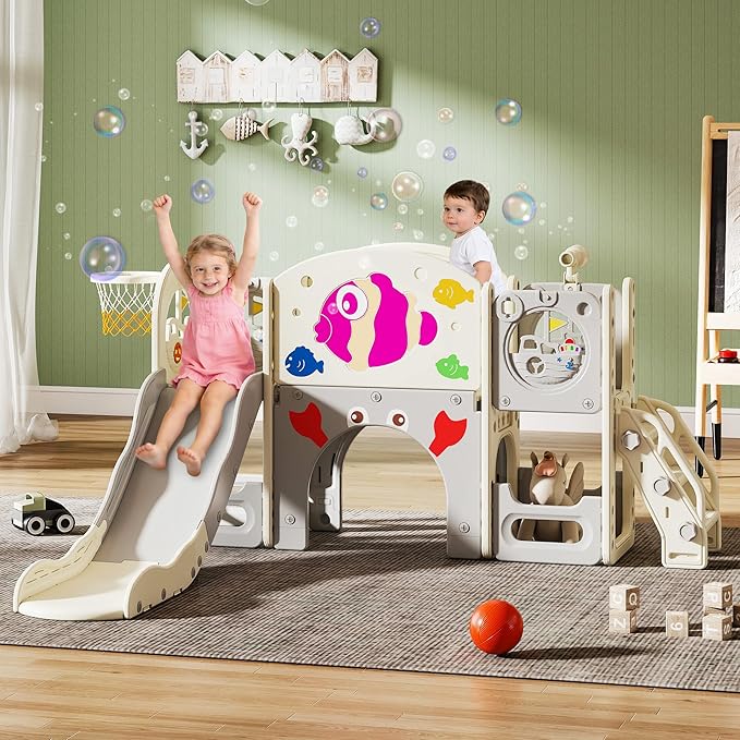 NYEEKOY 8-in-1 Toddler Slide, Toddler Playground, Suitable for Indoor Slides for Toddlers 1-3, with Climber, Basketball Hoop, and Tunnel, Rose Pink Fish