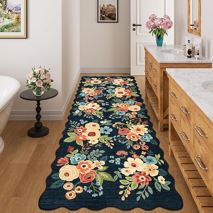DUKINO 3x8 Kitchen Runner Rug, Floral Washable Rug for Hallway, Navy Blue | Low Pile, Non-Sheding, Soft Throw Rug Runner for Entryway, Hallway, Bedroom, Bathroom, Laundry, Pet Friendly, Home Decor
