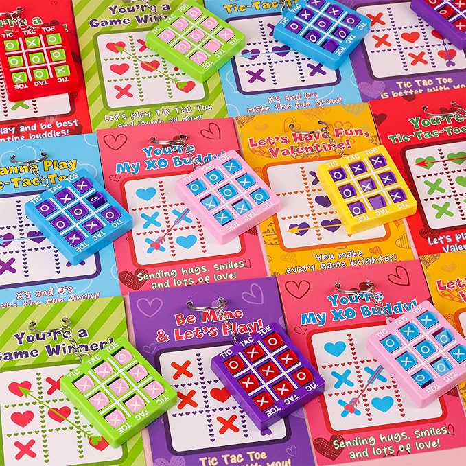 24 Pack Valentines Day Gifts for Kids Classroom Valentines Day Cards with Tic-Tac-Toe Game Keychains Valentines for Kids School Class Exchange Cards Valentines Party Favors Boys Girls Toddlers