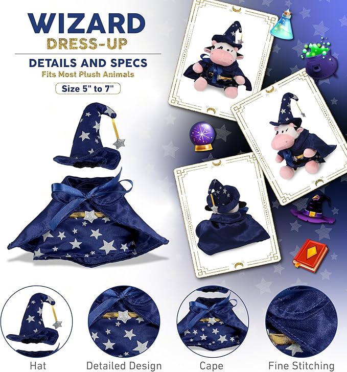 DolliBu Wizard Stuffed Animal Dress Up Set - Cute Teddy Bear Wizard Costume with Blue Cape and Hat with Silver Stars