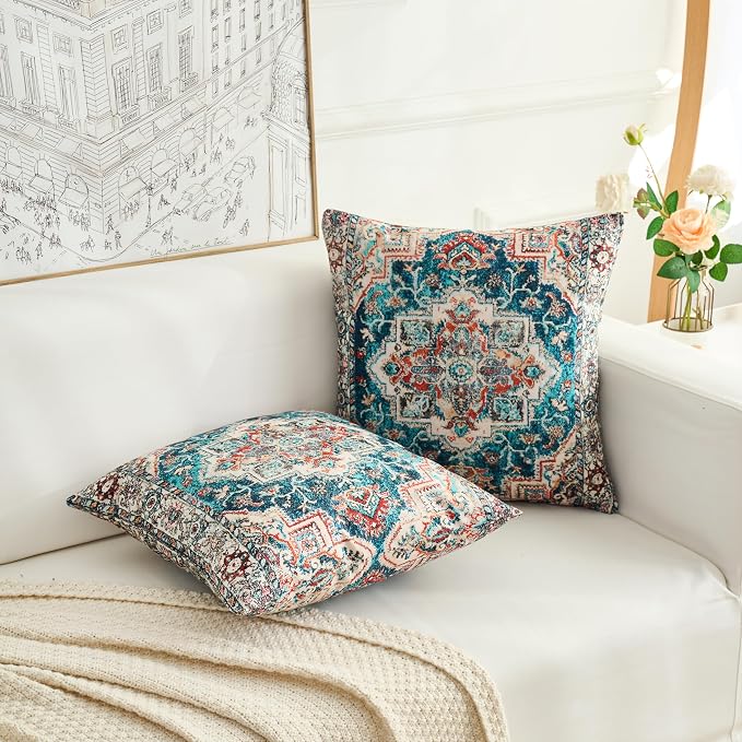 Boho Throw Pillow Covers 16x16 inch Set of 2,Boho Vintage Carpet Pattern Antique Ethnic Decor Double Sided Pattern Cushion Cover Soft Pillow Case Living Sofa Room Bed Square Pillow Cover