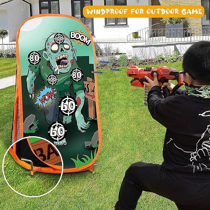 RONSTONE Shooting Practice Target Compatible with Nerf Gun for Boys Girls, Toy Foam Blaster Shooting Targets for Kids Indoor Outdoor, Zombie Shooting Target with Storage Net
