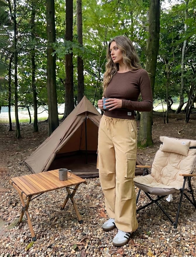 COPYLEAF Cargo Pants Women Low Waisted Parachute Pants with Pockets Loose Baggy Hiking Pants Y2K Clothes