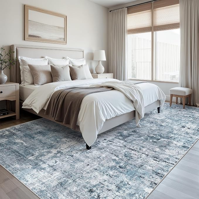 Soalmost Abstract 7x10 Area Rug for Living Room Washable Rugs Blue/Grey | Non-Slip Low-Pile Carpet for Dining Bedroom, Foldable Thin Vintage Stain Resistant Floor Mat Under Table Home Office Nursery