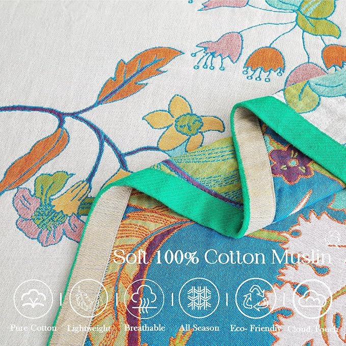 XIBLC Summer Throw Blanket, 80"x90" Reversible Bohemian Flower Blanket, 100% Cotton Muslin Breathable Woven, Farmhouse Decorative Throw Blanket