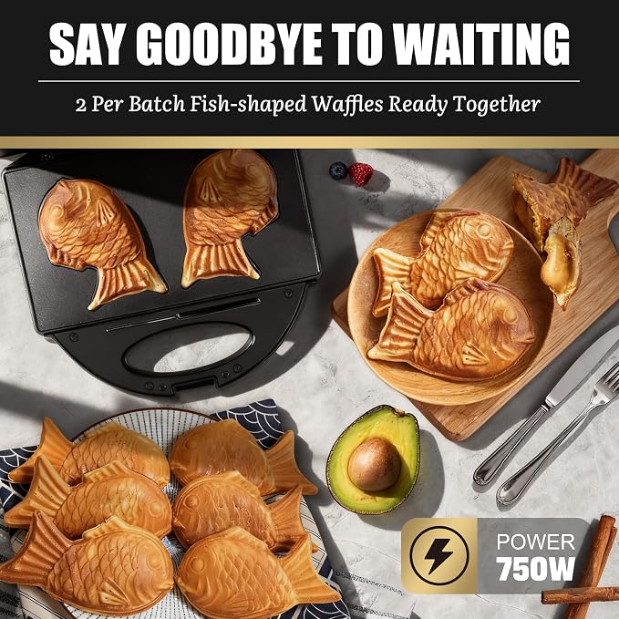 FineMade Taiyaki Fish Waffle Maker Machine with Non Stick Cooking Plate, Electric Japanese Fish Shaped Waffle Iron Pan, Korean Bungeoppang Pan, Recipe Included